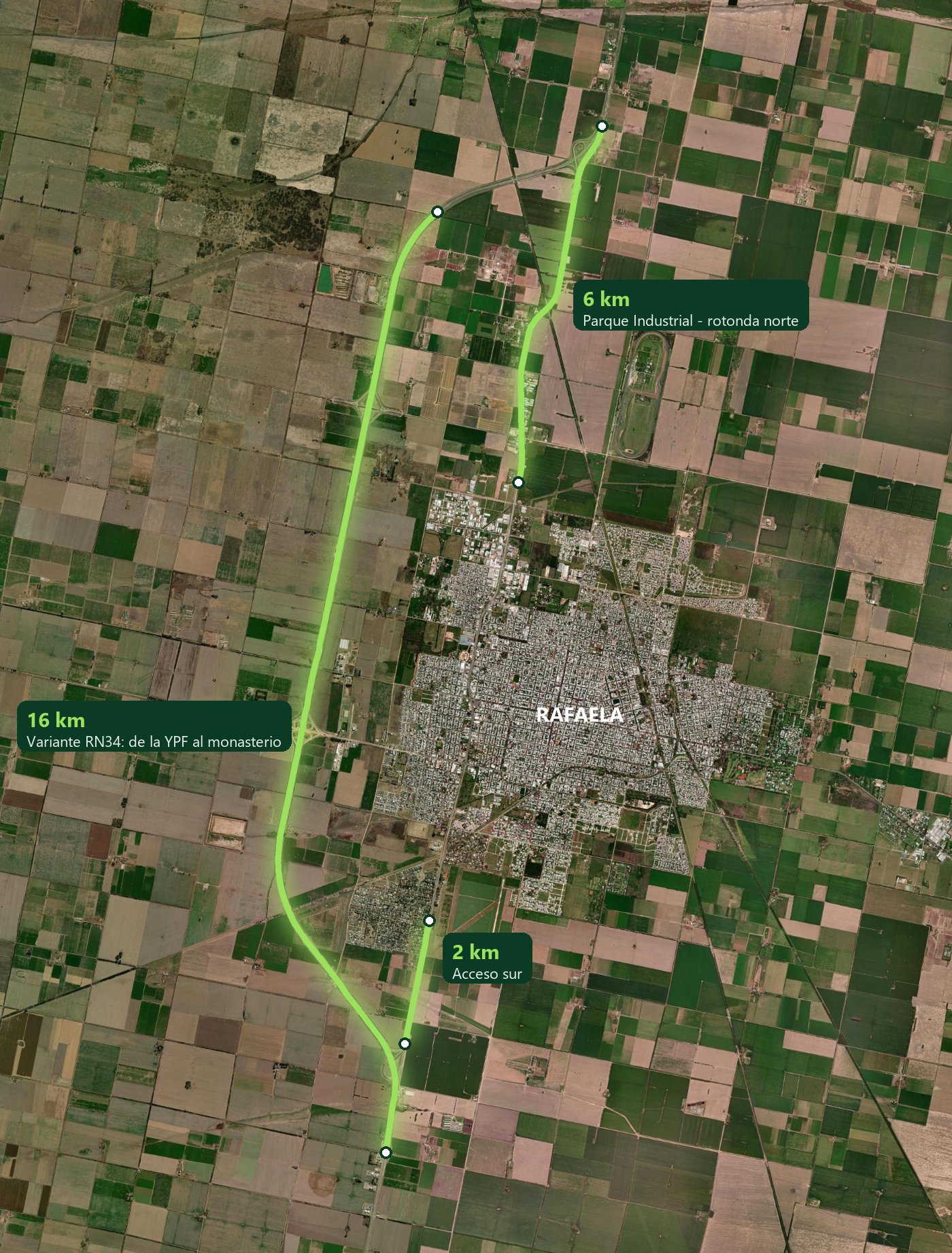 Trazado de la forestación de la Variante Ruta 34: 16 km de autovía, 2 km del acceso sur y 6 km del acceso norte